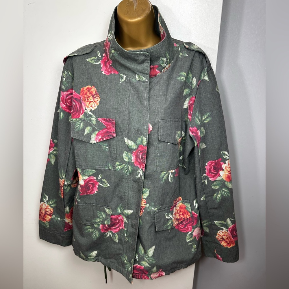 VICI Green Whimsical Rose Floral Utility Military Style Zip Snap Button Jacket M